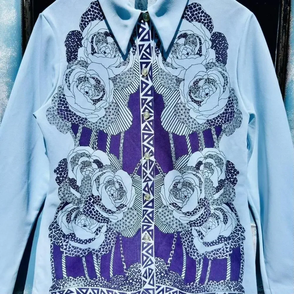 70s blue & purple psychedelic rose woven poly jacket w/ dagger collar
